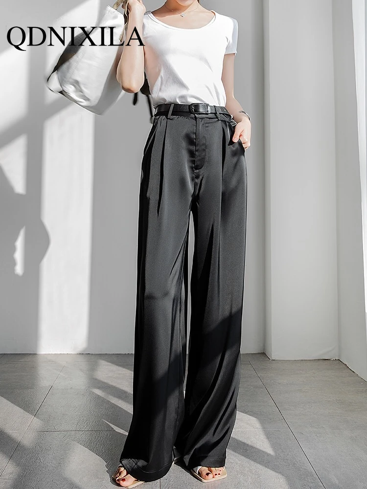 Summer Autumn Women\'s Pants Loose Classic Black Straight High Waist Casual Korean Silk Satin Wide Leg Trousers for Women Pants