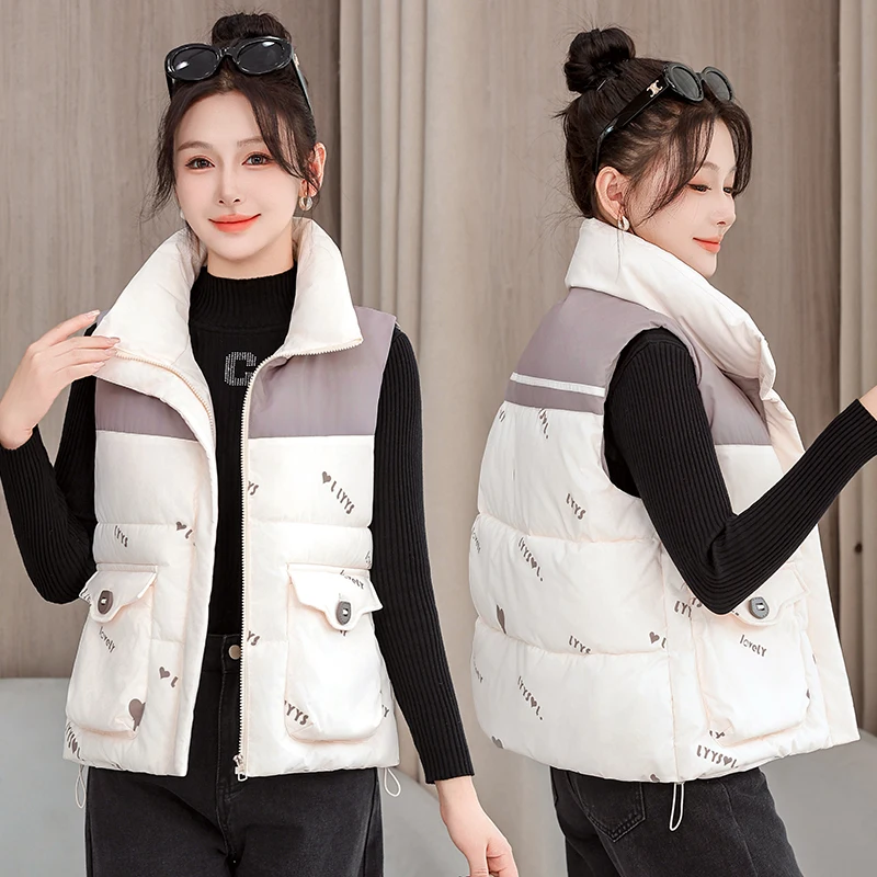 

Женский пуховый хлопковый жилет с воротником-стойкой, джет, верхняя одежда, модная осенне-зимняя застежка-молния из поливолокна