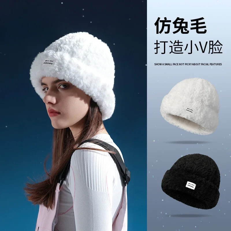 New plush ski cap children's winter big head circumference shows small face thickened warm ear protection rabbit fur hat DMZ95