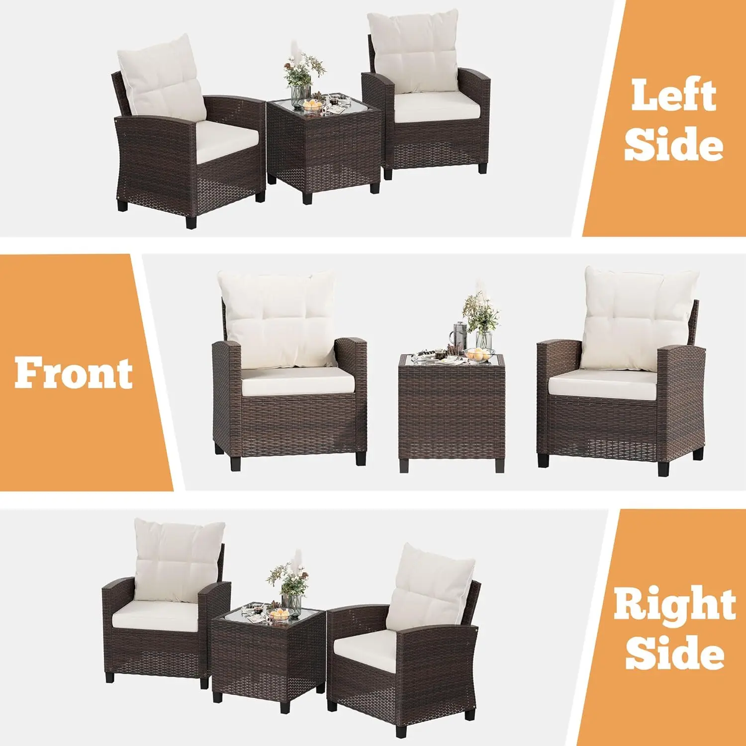 Beige PE rattan wicker 3-piece patio conversation set containing two rattan chairs and glass top table, simple all-weather furniture for garden, poolside, balcony and porch view 4