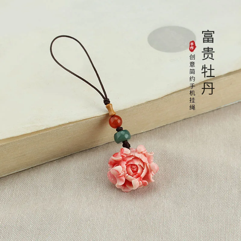 

Chinese Style Vintage Resin Peony Flower Exquisite Women's Versatile Ethnic USB Flash Drive Phone Chain Pendant Strap