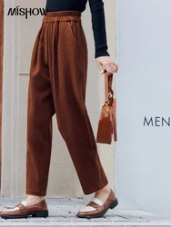 MISHOW Corduroy Straight Pants for Women 2024 Autumn Casual Elastic High Waist Pocket Solid Ankle Length Pencil Pants MXC47K0466