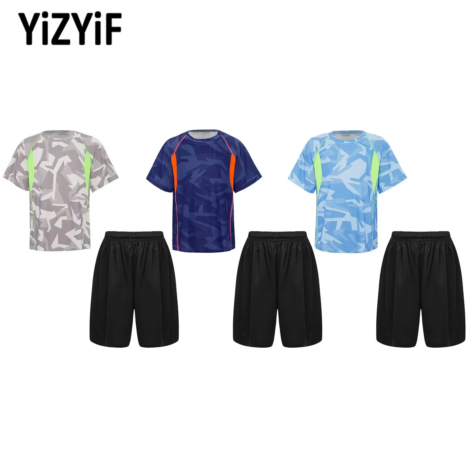 

Kids Sportswear Boy Quick Drying Clothes Soccer Basketball Uniform Short Sleeve T-shirt with Athletic Shorts for Running Workout