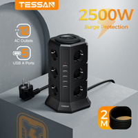 TESSAN Black Vertical Tower Power Strip with 12 AC Outlets, 5 USB and 2M Extension Cord with Overload Protection for Home/Office