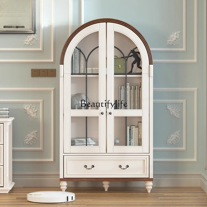 

Solid wood American retro study floor-to-ceiling wine cabinet glass door arched display cabinet