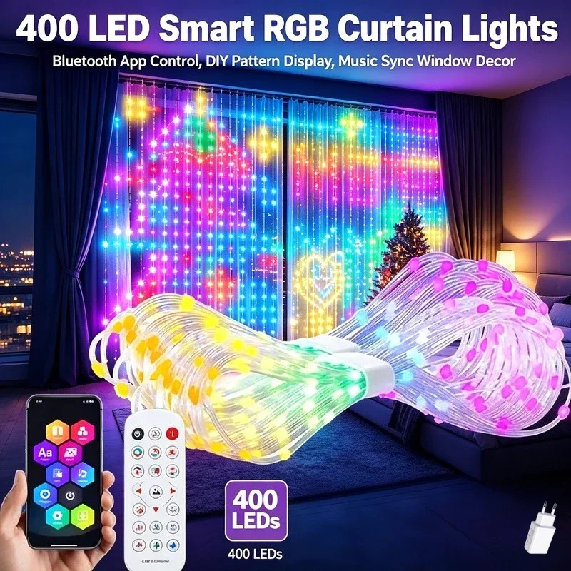400 LED RGB Smart Curtain Fairy Lights, Bluetooth App Control, DIY Pattern Display Music Sync for Window Bedroom Decor
