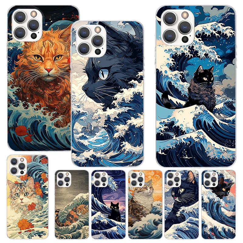 Anime Cat Sea Wave Aesthetic Phone Case For Apple iPhone 16 15 14 13 12 11 Pro Max Mini XS XR X 7 Plus 8 + SE Soft Silicone Prin