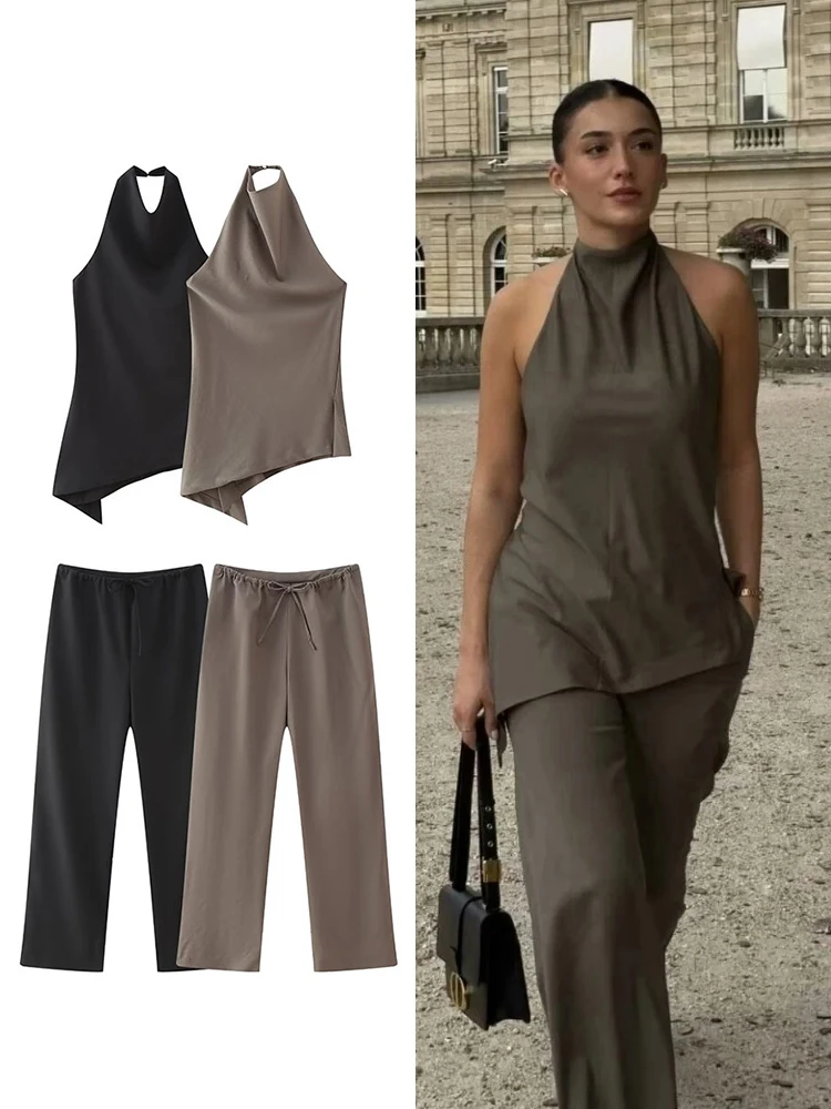 TRAF Estate Nuova Donna Marrone Top Camisole Plissettato Pantaloni Dritti Gamba Ampia Stile Pendolare Pantaloni Set Casual Due Pezzi