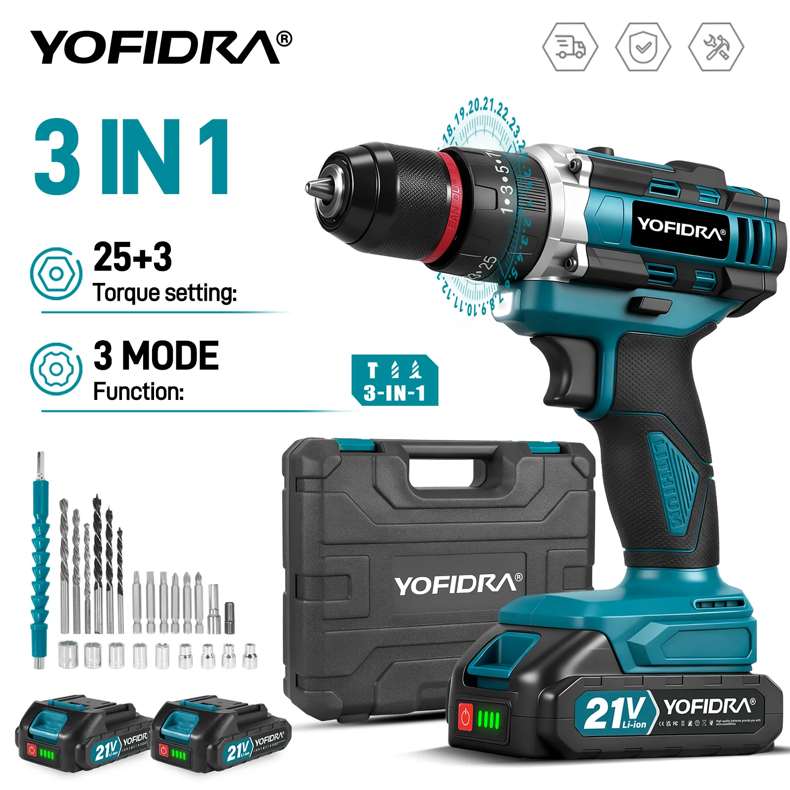 YOFIDRA 3IN1 Elektrische Schlagbohrmaschine 25 + 3 Drehmoment Handheld Akku-Schlagbohrmaschine Holzbearbeitung Elektrowerkzeug Für Makita 21V Batterie Pin