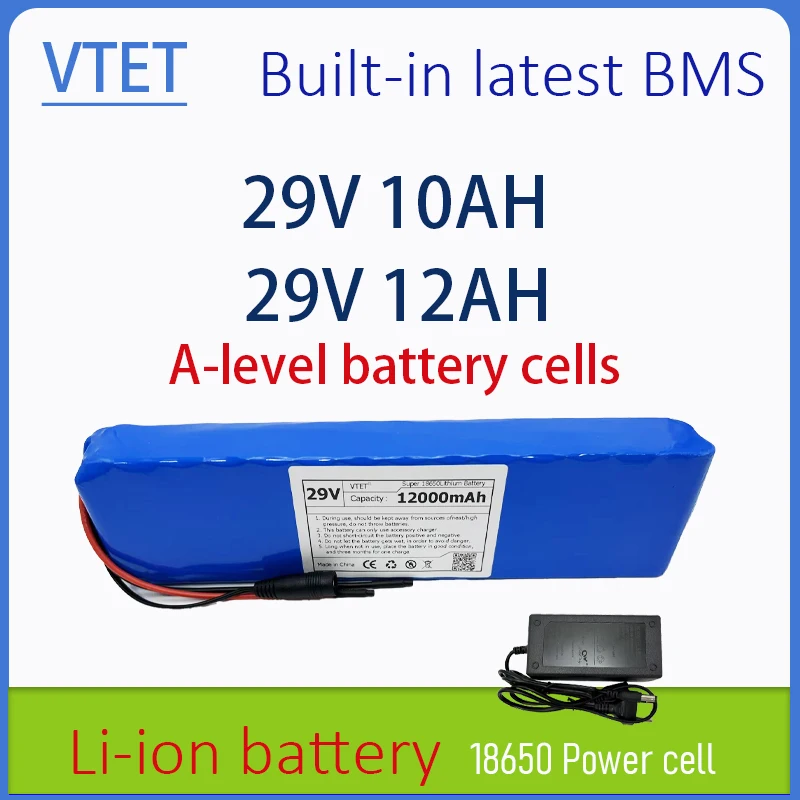 

VTET 2025 29 В 12 Ач 18650 Литий-ионный аккумулятор класса А для вторичной переработки Многоцелевая система управления аккумулятором на 15 А + зарядное устройство 29,4 В