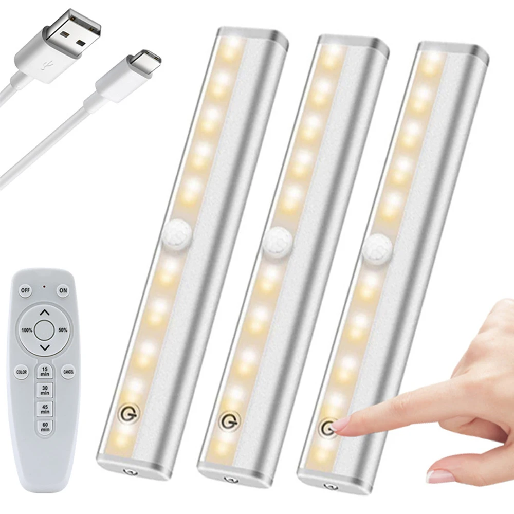 

USB Rechargeable LED Closet Light Dimmable 20leds Under Cabinet Lights Remote Control Night Lamp for Wardrobe Cupboard Lighting