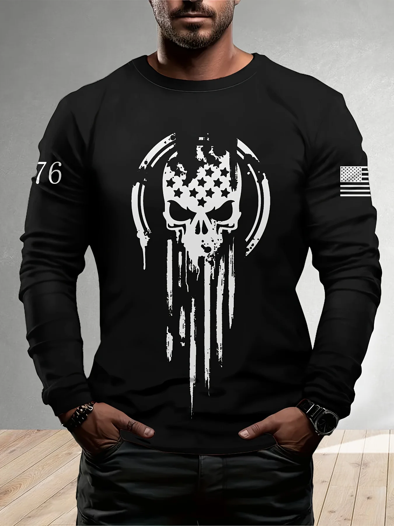 2026 New Men's Summer Oversized Skull Print Casual Slim-Fit Round-Neck Long-Sleeve T-Shirt O-Neck Patchwork Casual T-Shirt