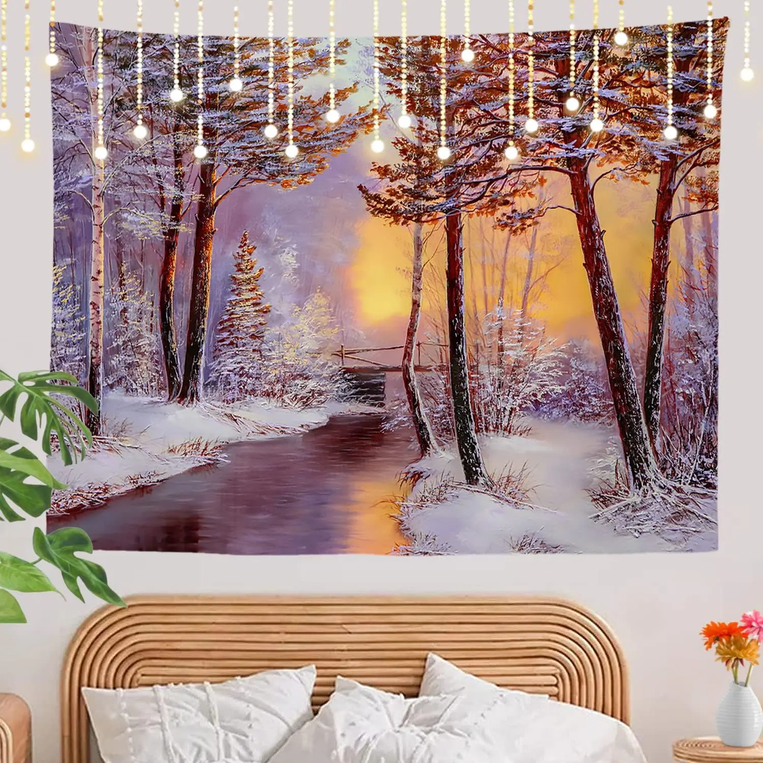 Orange Winter Forest Snow Scene Wall Tapestry, River Wall Hanging Large Tapestry Decoration Polyester Fiber White Hem Around for