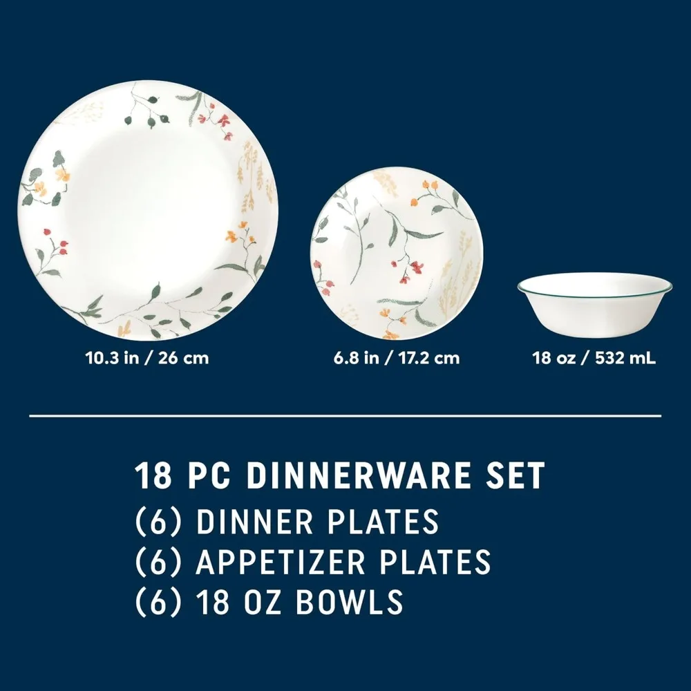 

18-Piece Glass Dinnerware Set for 6, Chip & Crack Resistant, Wildflower Design, Dishwasher Safe