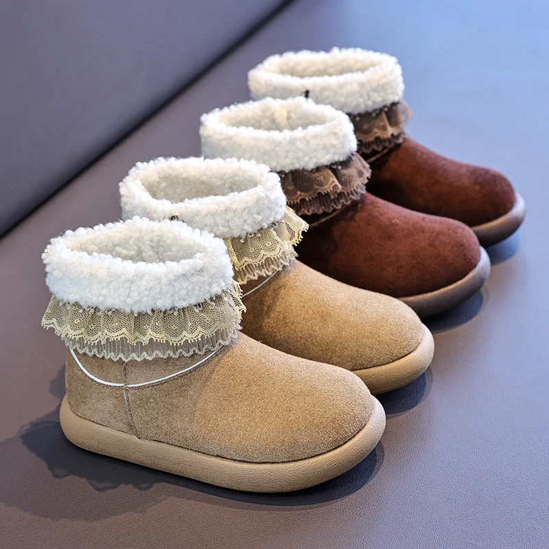 

Girls Princess Casual Boots Sweet Lace Kids Ankle Boots Suede Warm Soft 2025 Winter New Children Short Boots Round Toes Non-slip