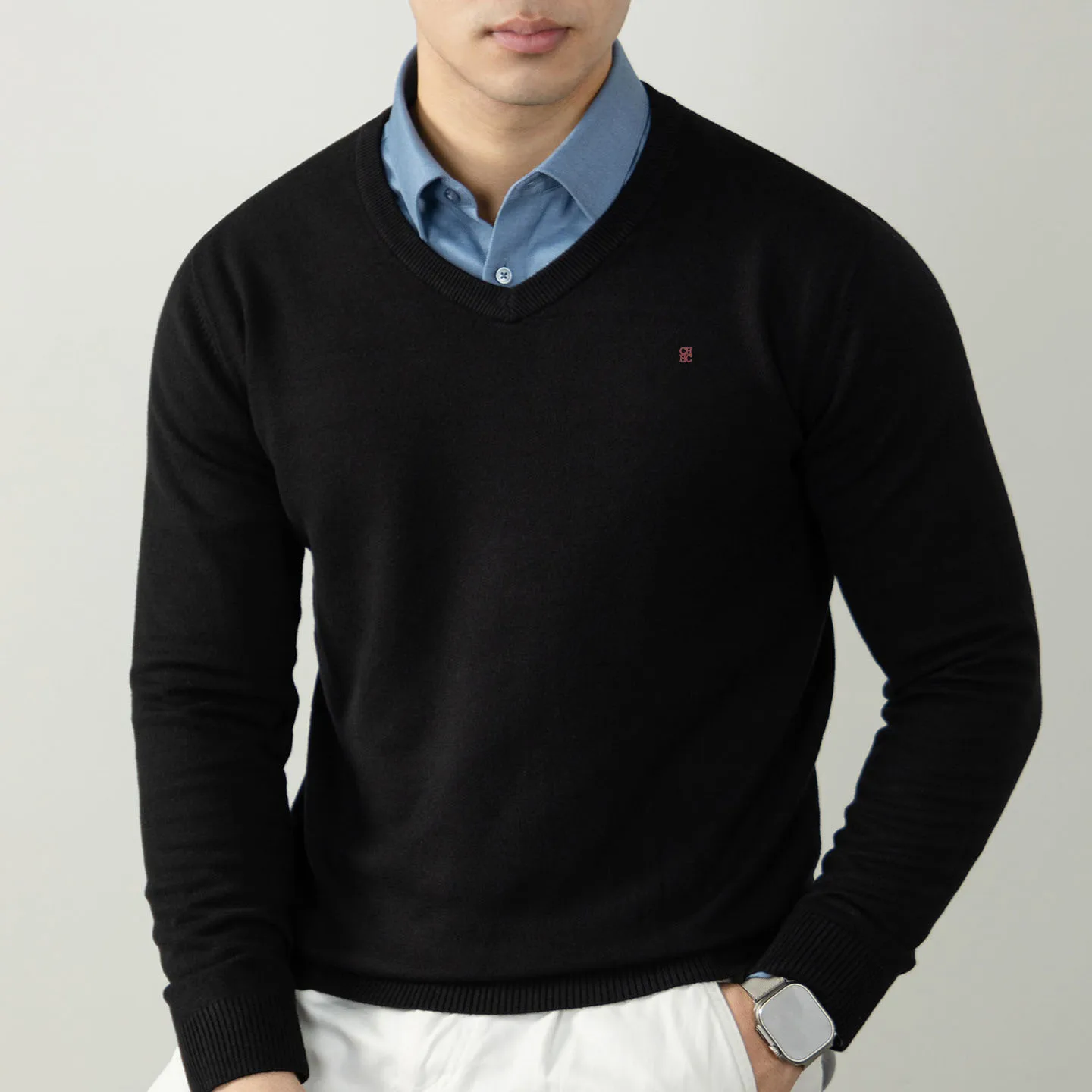 CH V-Ausschnitt Strickpullover Langarm Gerippte Manschetten Fein Gestrickter Stoff Regular Fit Business Casual Strickoberteil – Detail 6