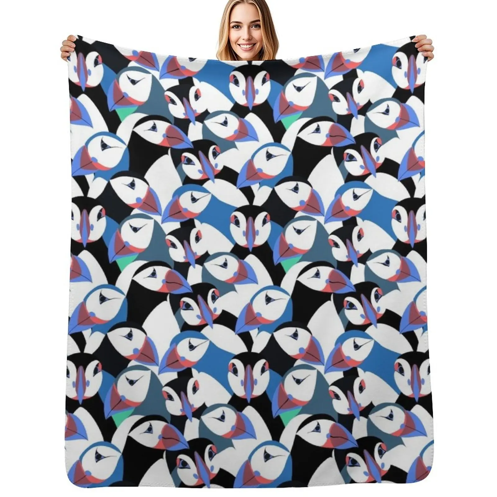 

Puffins in bright blue Throw Blanket Sofa Quilt Single Plaid Hairys Blankets