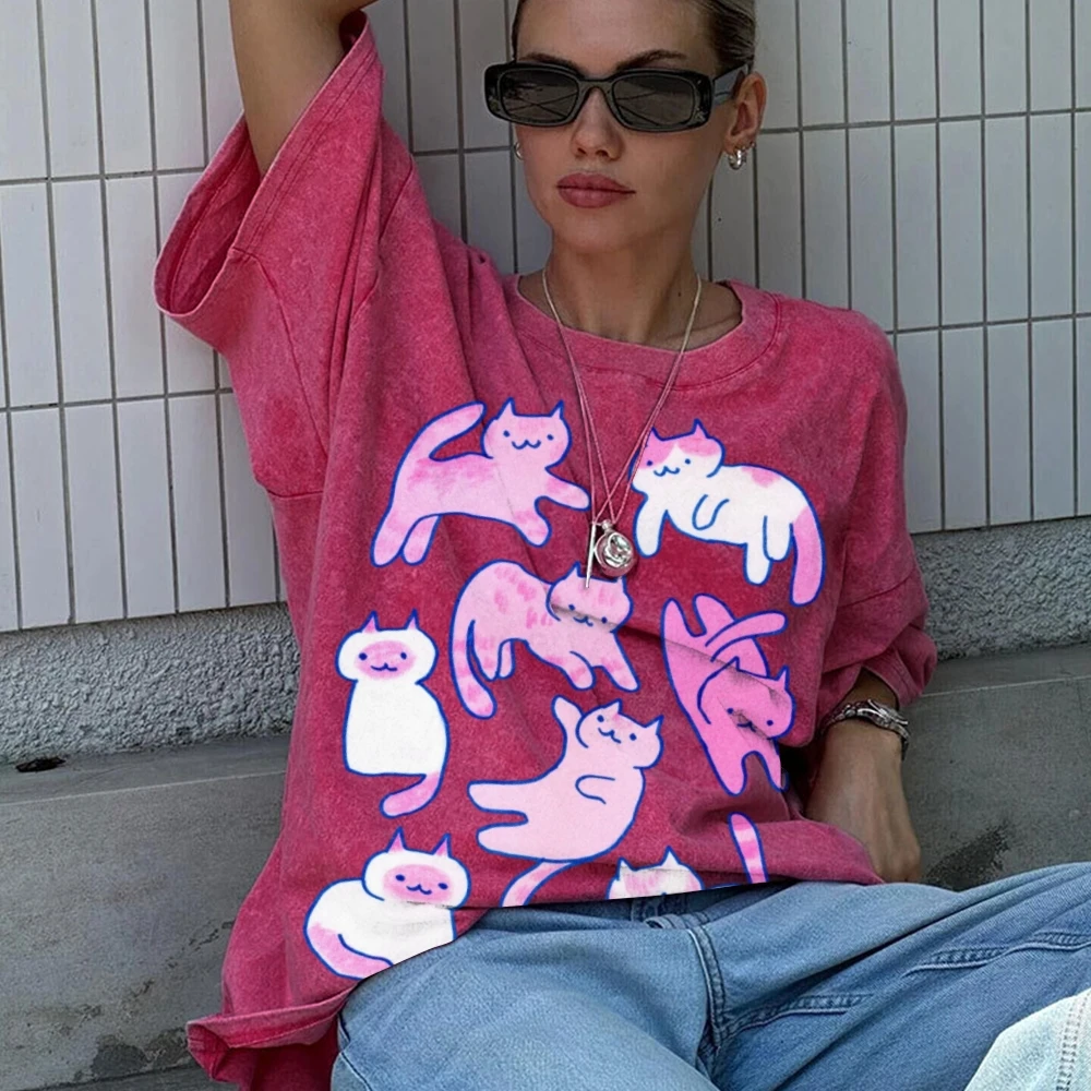Cute Cat Printed Graphic T-Shirt Women's Y2k Style Trendy Cotton High-Quality Top Short-Sleeved Crew Neck Casual Fitness Tee
