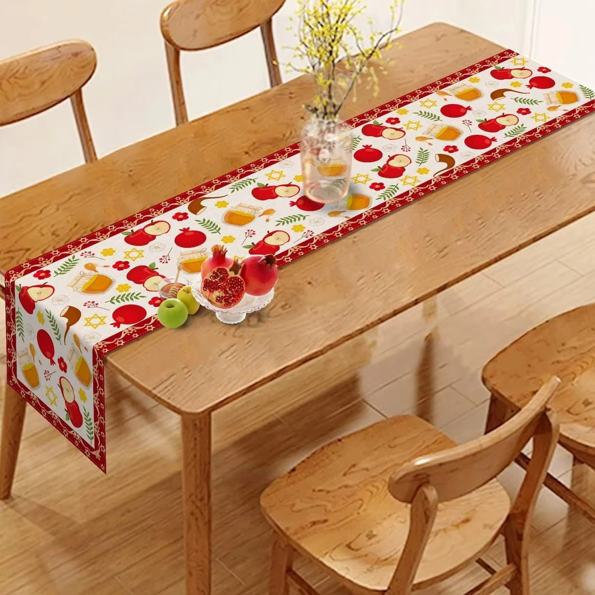 Shana Tova Table Runner Set Jewish New Year Linen Tablecloth Kitchen Dining Table Decor for Rosh Hashanah Holiday Celebration