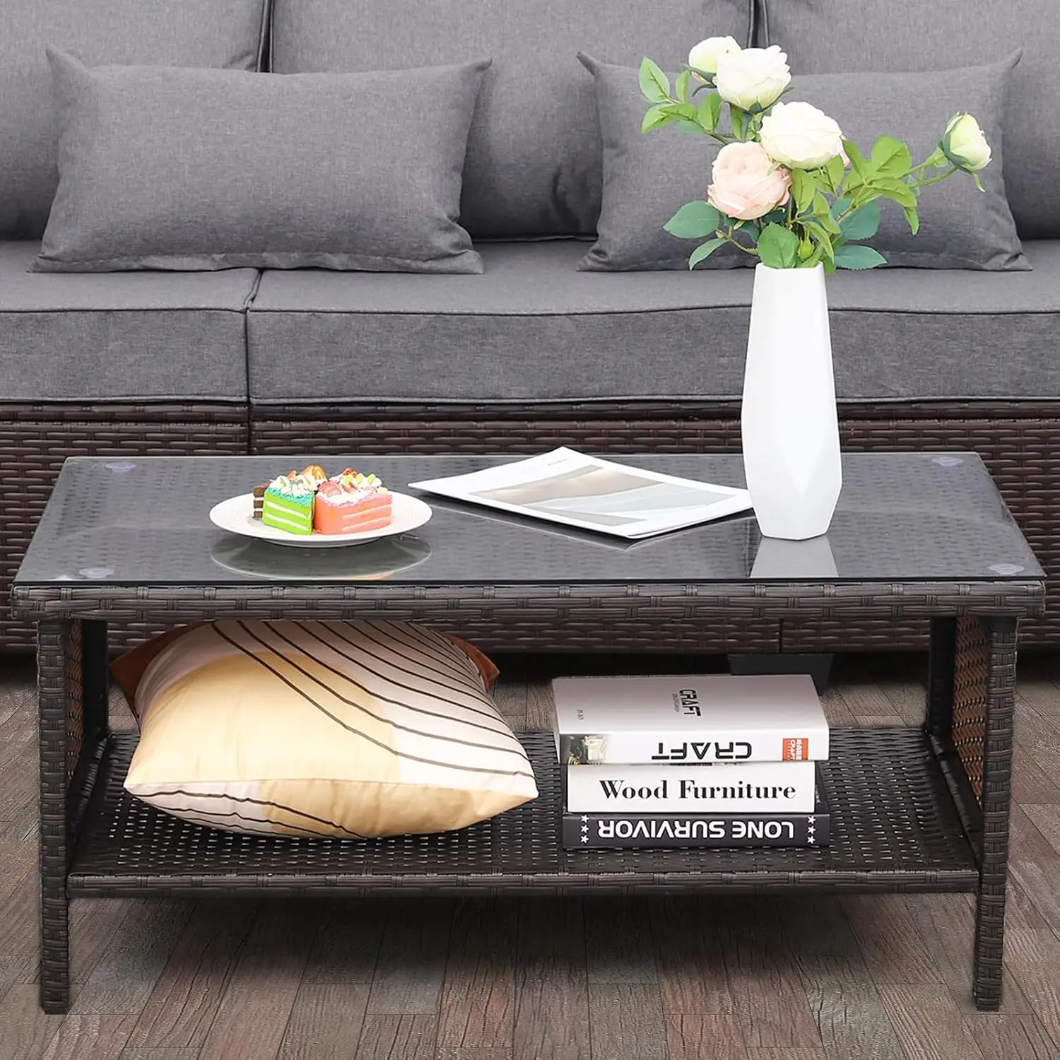 

Outdoor PE Wicker Coffee Table - Patio Rattan Garden Side End Tea Table with Glass Top Furniture, Brown