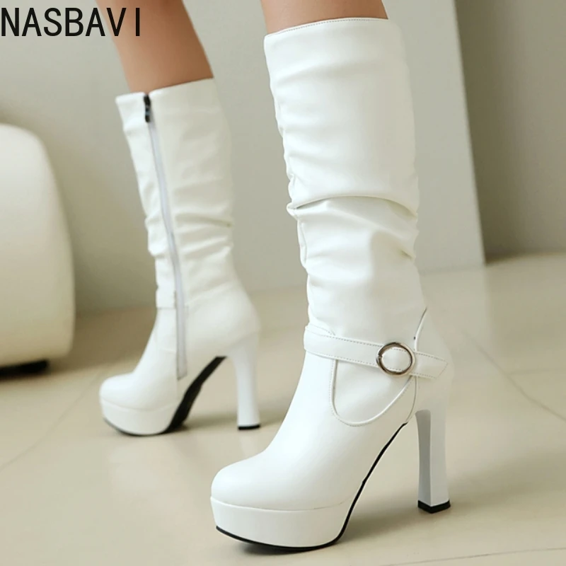 Fashion Women's Knee High Boots Platform Autumn Winter Shoes Black White Long Boot Buckle Block Heels Long Footwear Shoes Ladies