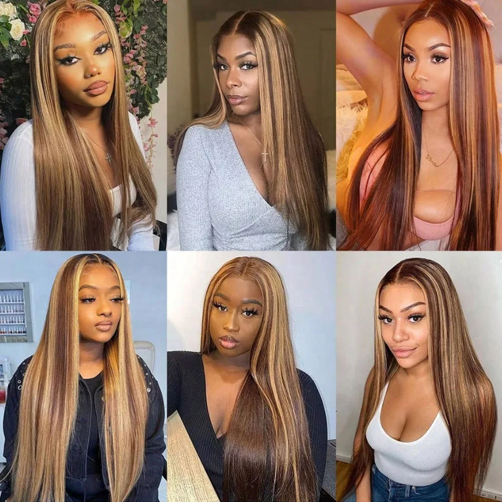 4/27 Highlight Ombre 200% Density 13x6 Lace Front Wigs Human Hair Pre Plucked Straight HD Transparent Lace Front Human Hair Wigs