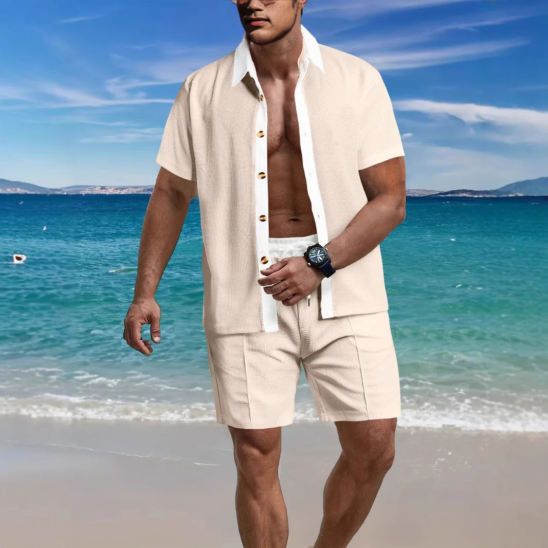 New men's fashion trend casual lapel button up color shirt short-sleeved shorts set summer beach men sports two-piece set