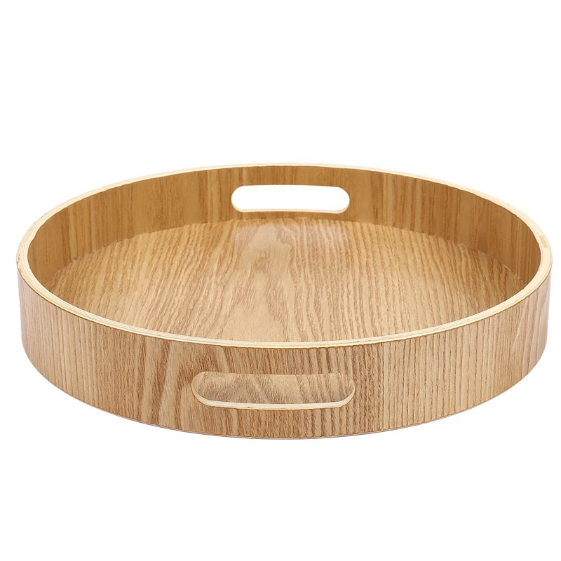 5X Round Serving Bamboo Wooden Tray For Dinner Trays Tea Bar Breakfast Food Container Handle Storage Tray 2