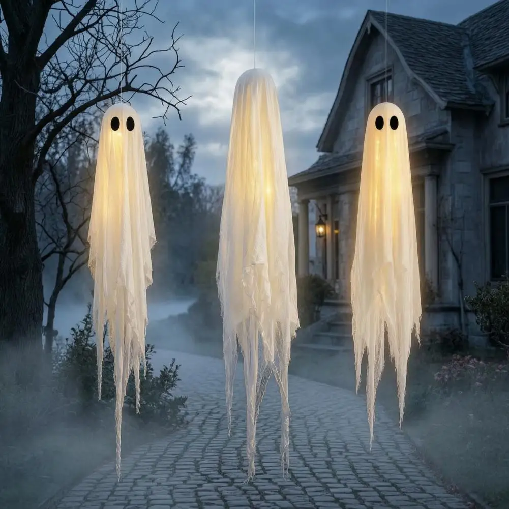 Light Up Spooky Yard Ornaments Outdoor Porch Decor 3 Pcs Hanging Ghosts Double-layer Fabric Halloween Decorations Outdoor Spooky