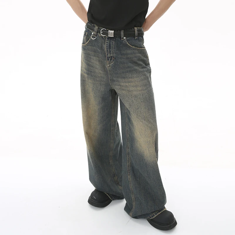 Iefb-Jeans lavado vintage masculino, calças jeans de perna larga, calças masculinas soltas, moda casual de rua angustiada, verão, versátil, 9C354