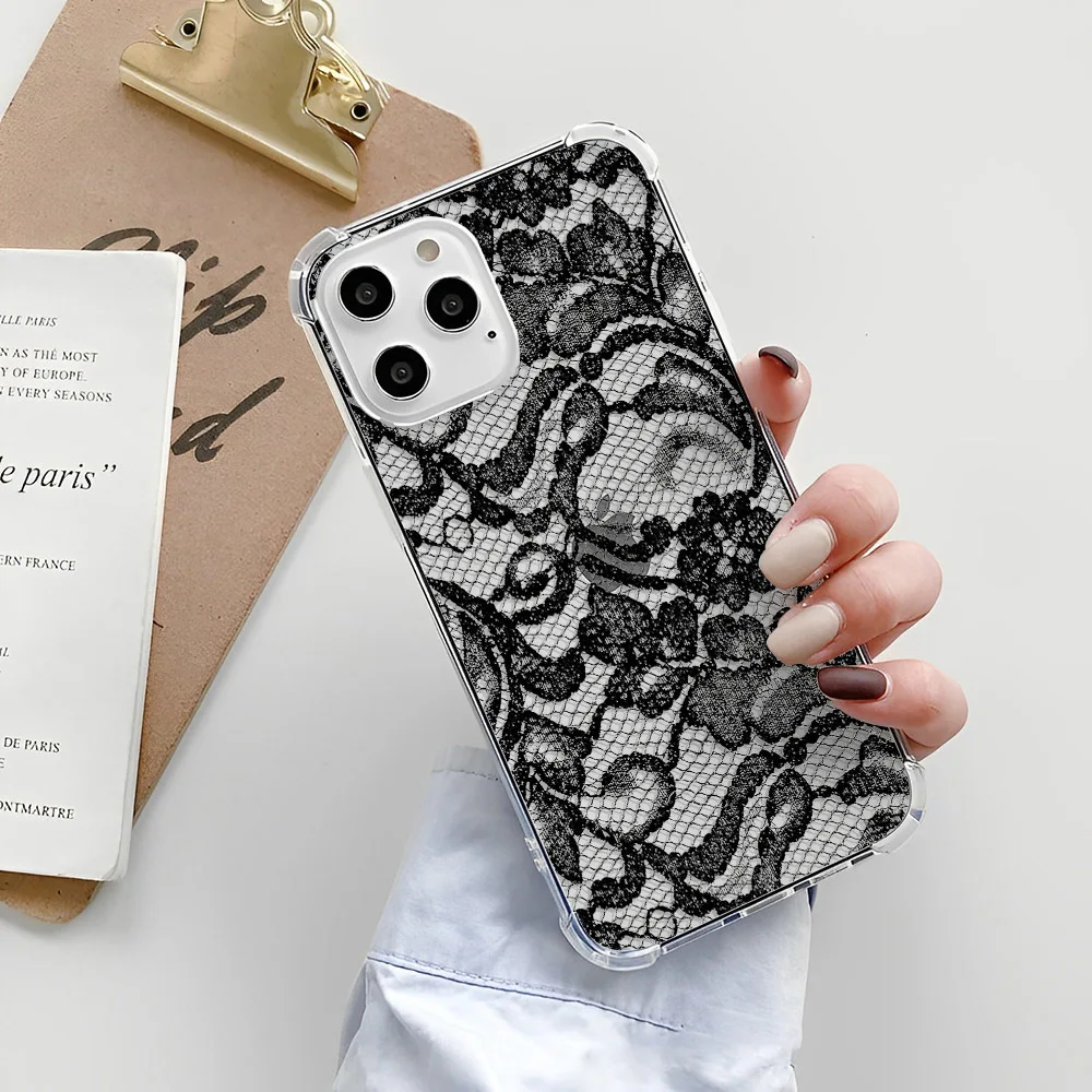 Black Lace Pattern Phone Case For iPhone 15 14 13 12 11 Pro X XS XR Max 7 8 Plus SE 2 3 Mini Soft Clear TPU Shockproof Cover