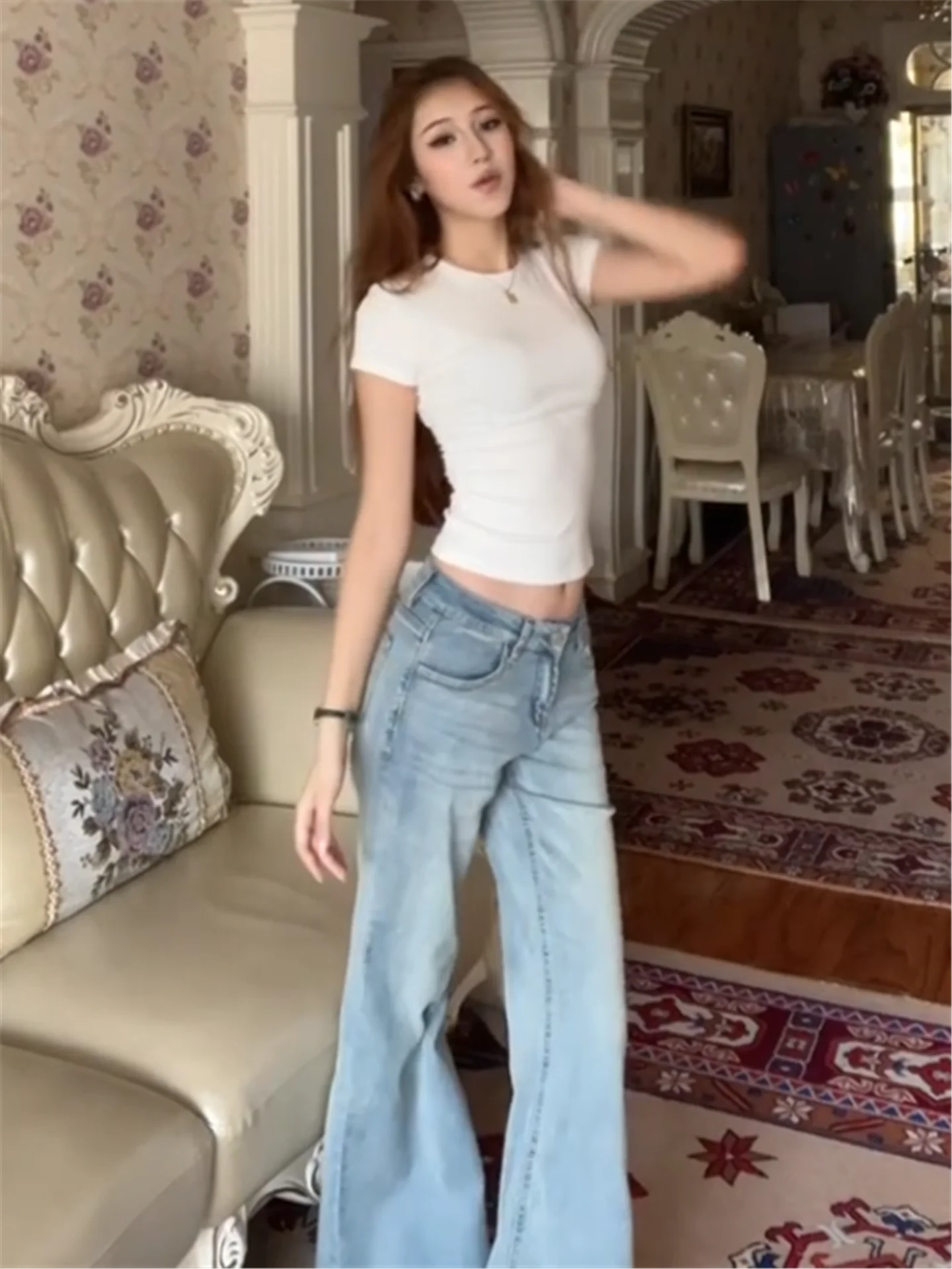 Light Blue Low Waist Wide Leg Flared Jeans Women's Loose Drapey Not Tight High Waist Extended Floor Length Pants Casual Style