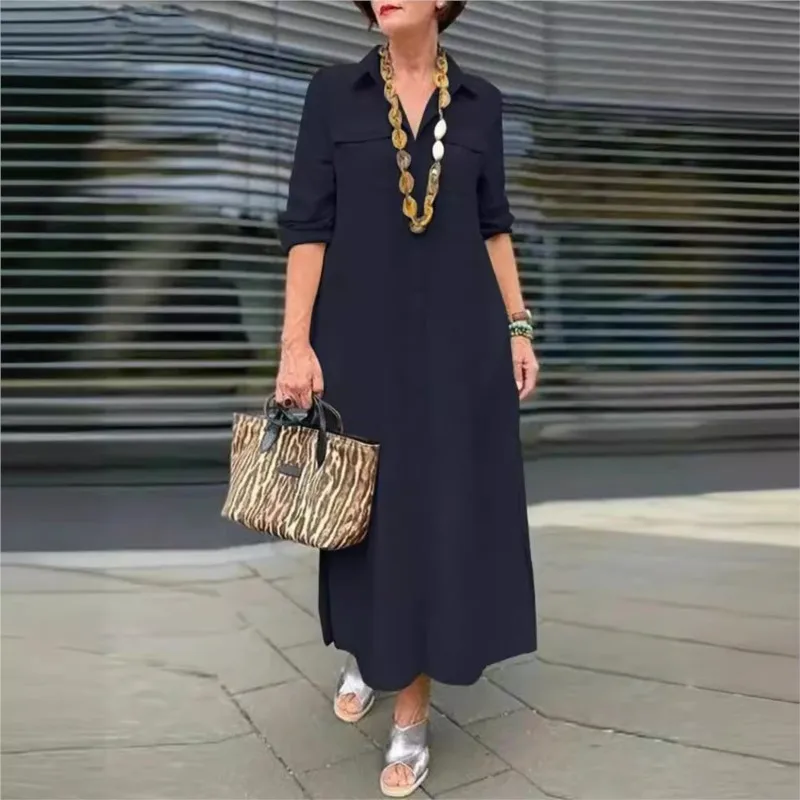 Elegant Women's Khaki Lapel Single Breasted Casual Maxi Dress Spring And Autumn Fashion Long Sleeved Button Pocket Shirt Dresses