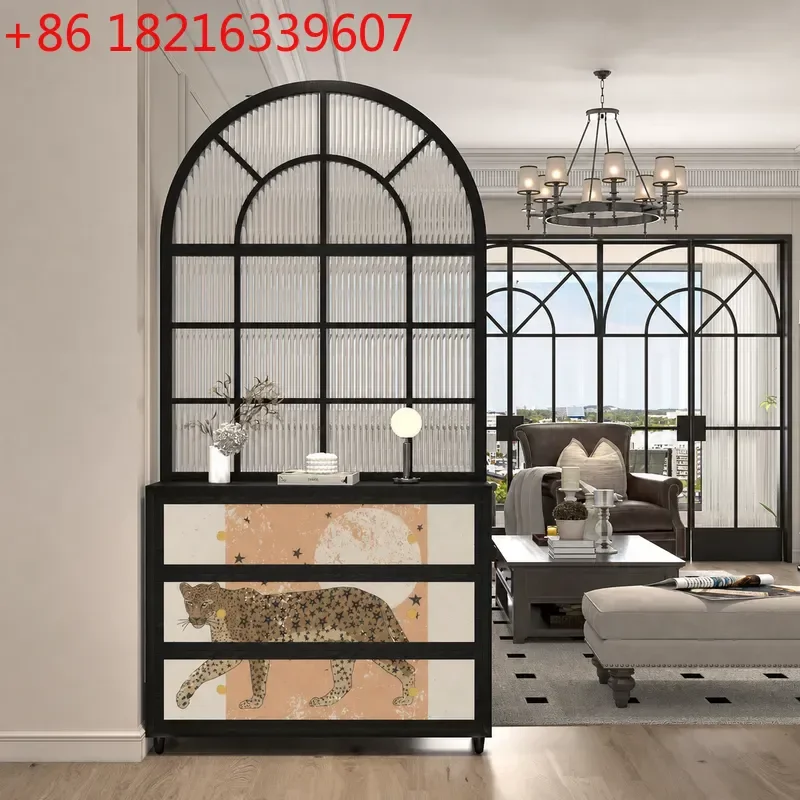 YAORetro Abstract Solid Wood Entrance Cabinet with Changhong Glass Partition Entry Door Screen Living Room Storage Locker