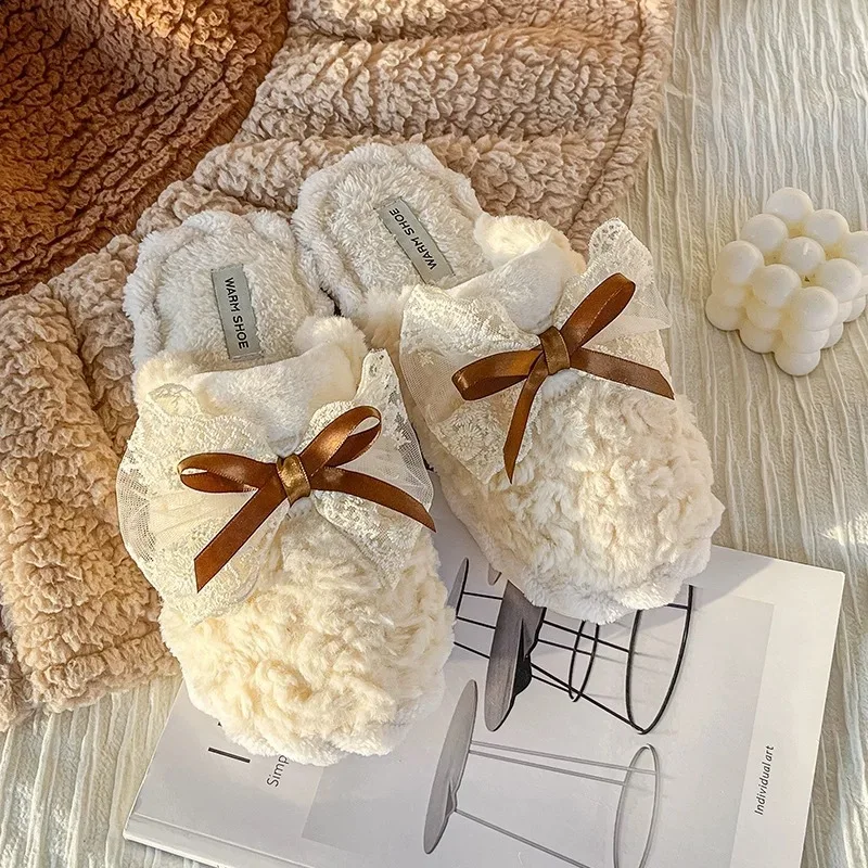 

Зимние тапочки с кружевным бантом в корейском стиле для женщин и мужчин, пары, нескользящая домашняя теплая обувь для беременных