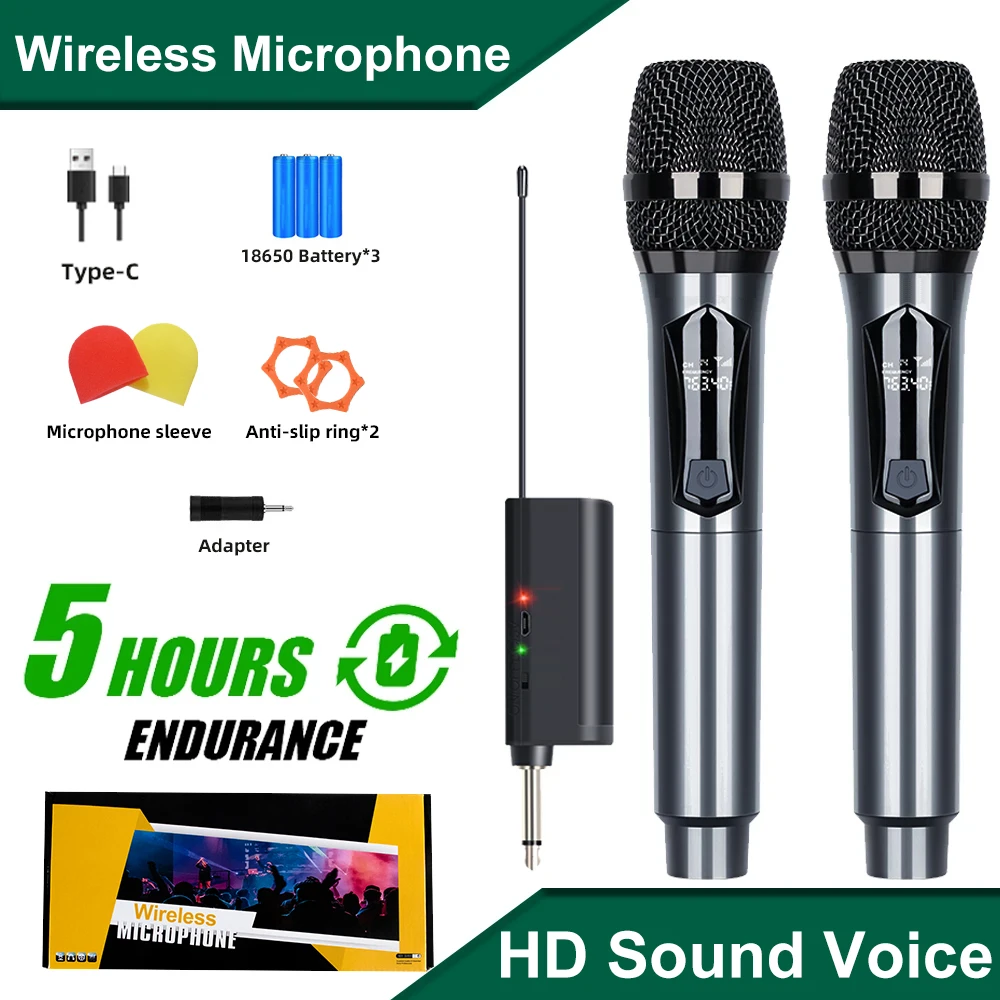 Wireless Microphone 18650 Rechargeable Handheld Microphones 2 Channels Karaoke Microphone Mic Receiver For Party Show Meeting