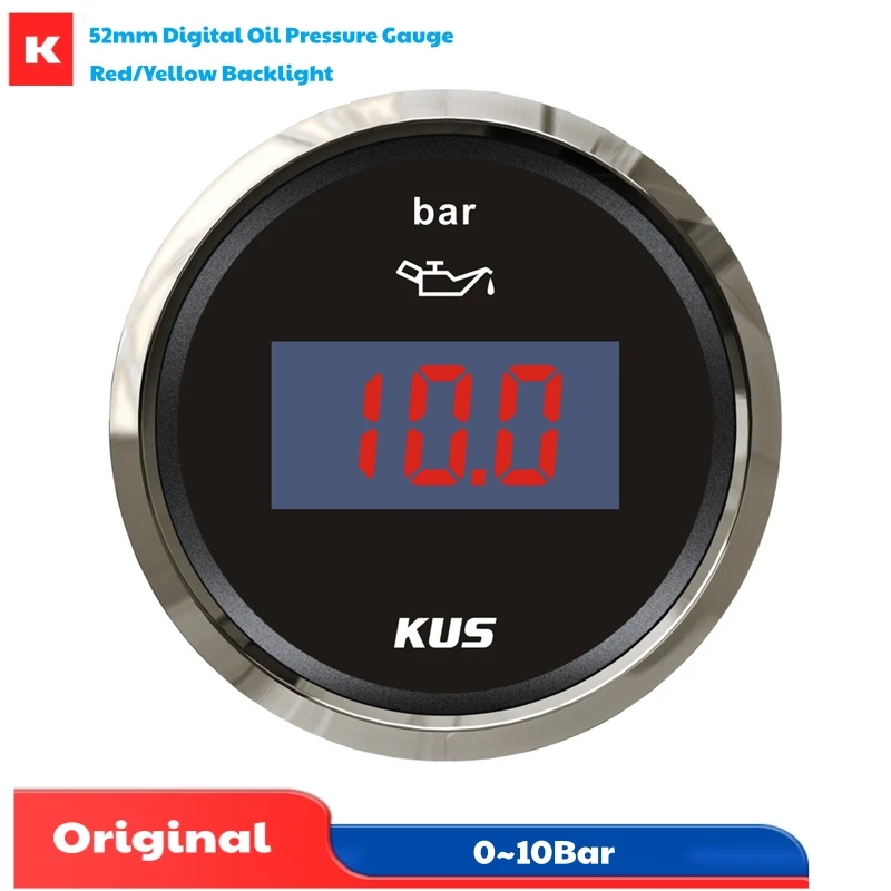 KUS 52mm 0-10Bar Digital Oil Pressure Gauges 10-184ohm Input Signal Oil Pressure Meters with Red / Yellow Backlight for Car Boat