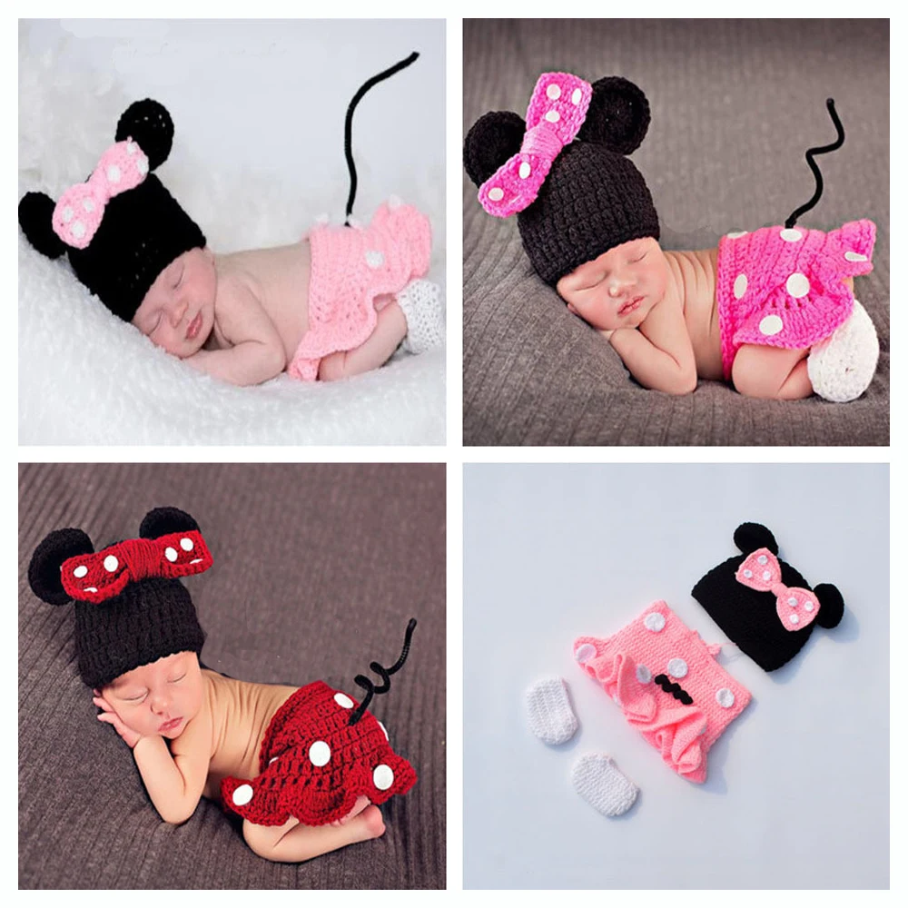 Ropa para bebés y niñas, accesorios de fotografía, accesorios para bebés recién nacidos de 0 a 3M, paquete de 3 disfraces de Minnie hechos a mano