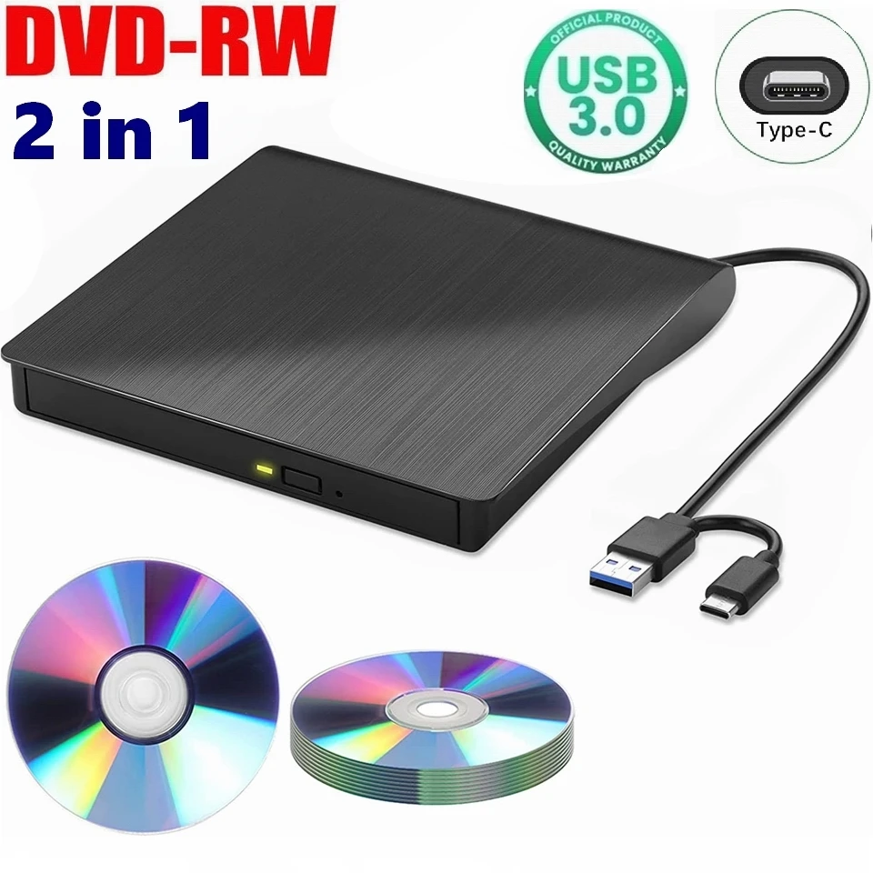 Lector de unidad de DVD externa USB 3,0 tipo C 2 en 1, reproductor de CD de DVD-RW ultradelgado portátil, lector grabador para ordenador portátil y PC de escritorio