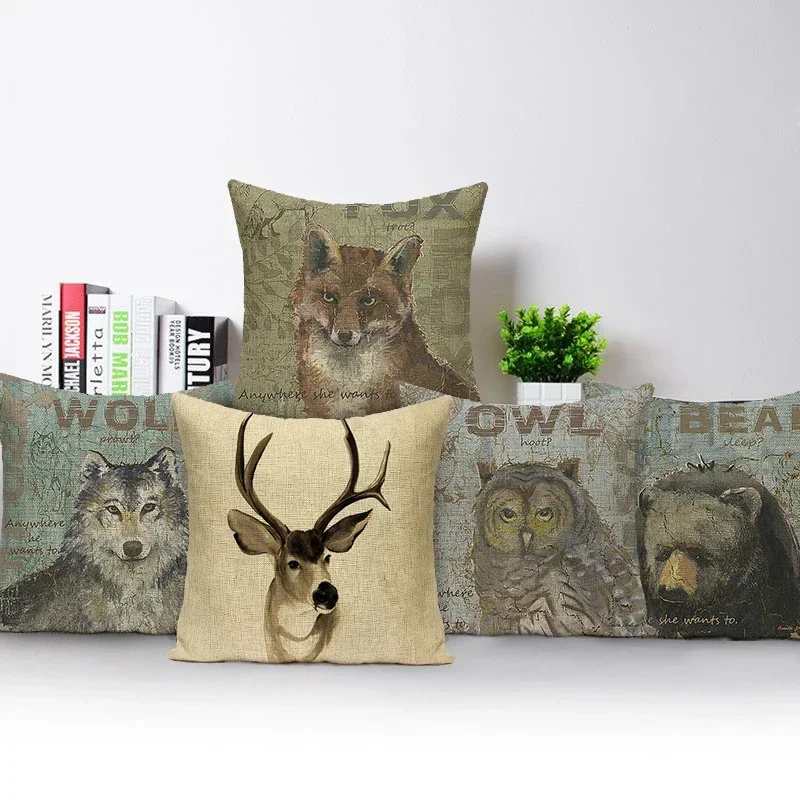 Sofa Seat Decorative Cushion Cover Animal Pattern Pillowcase for Home Decor Wolf Elk Bear Owl Decorative Throw Pillow Cover
