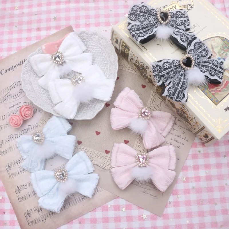 1 Pair Dainty Jirai Kei Mine Sweet Fur Ball Hairclips Rhinestone Barrettes Side Clip Hair Accessories Cosplay Hair Clip