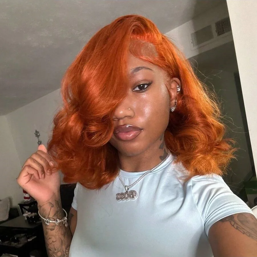 Pelucas de cabello humano Frontal de encaje transparente 13x4 naranja jengibre 8-18 pulgadas peluca Bob corto ondulado 200% prearrancada con pelo de bebé