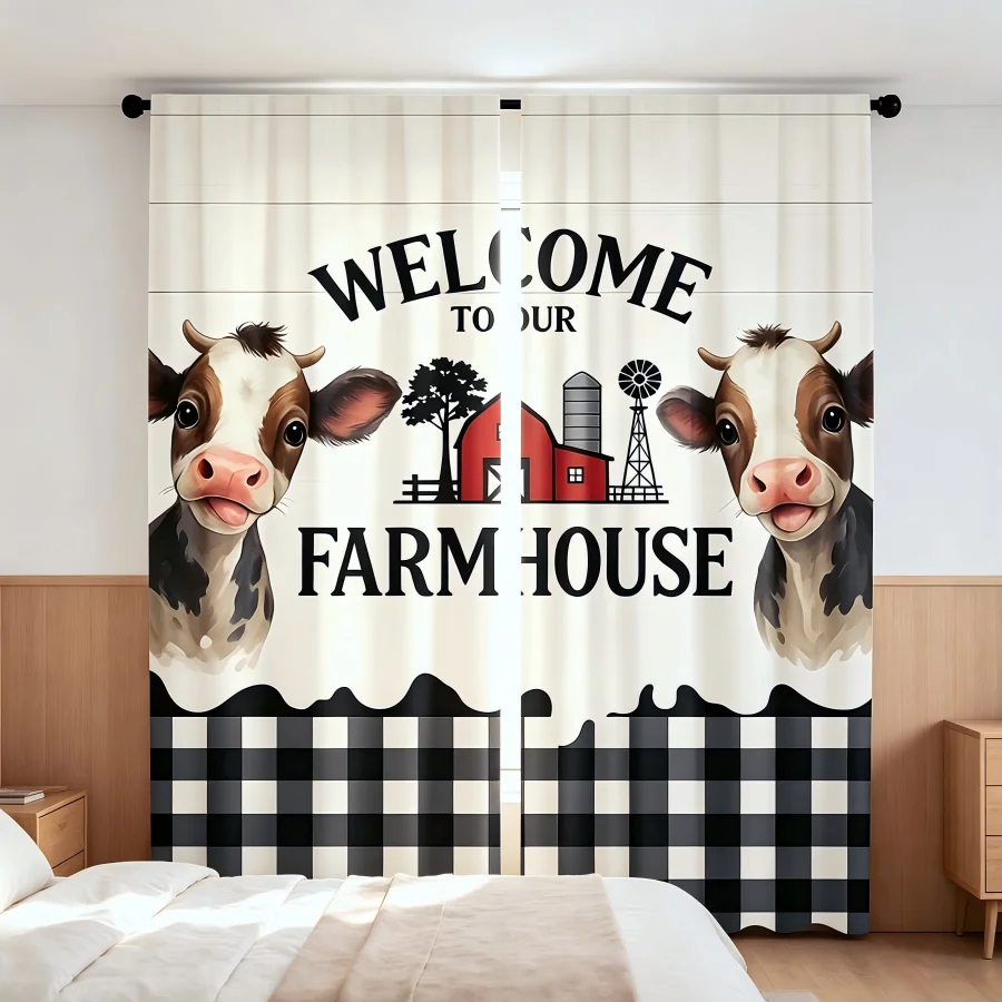 2PCS Digital Print Curtain, Cute Cow Farmhouse Buffalo Plaid Barn Windmill, Rustic Farm Style for Living Room Bedroom Decor