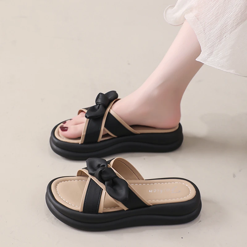 Summer Butterfly Microfiber Leather Upper Women Slippers Luxury Platform Soft Midsole Sandals for Women Heel Height 4.5cm