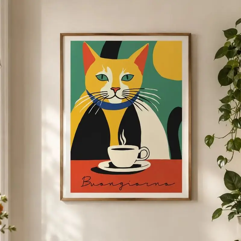 Buongiorno Cat Poster,Canvas Wall Print,Modern Art Illustration,HighGrade Home Decoration Artwork for Bedroom,Living Room,Office