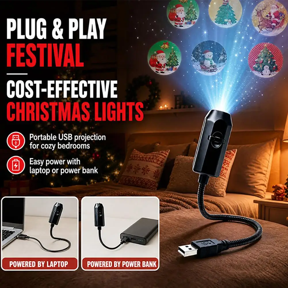 Christmas USB LED Projector Light Night Light Christmas Pattern Ambiance Projection For Santa Claus Snowman Home Car Decor