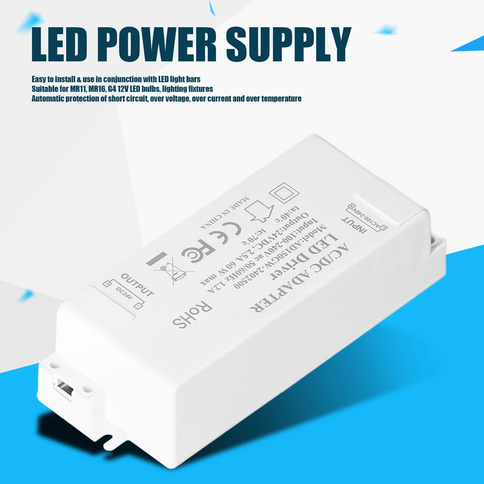 

Светодиодный драйвер DC24V 2.5A 60W Светодиодный светильник DIY Лампа для вождения Источник питания AC100‐240V Аксессуары для светодиодного освещения