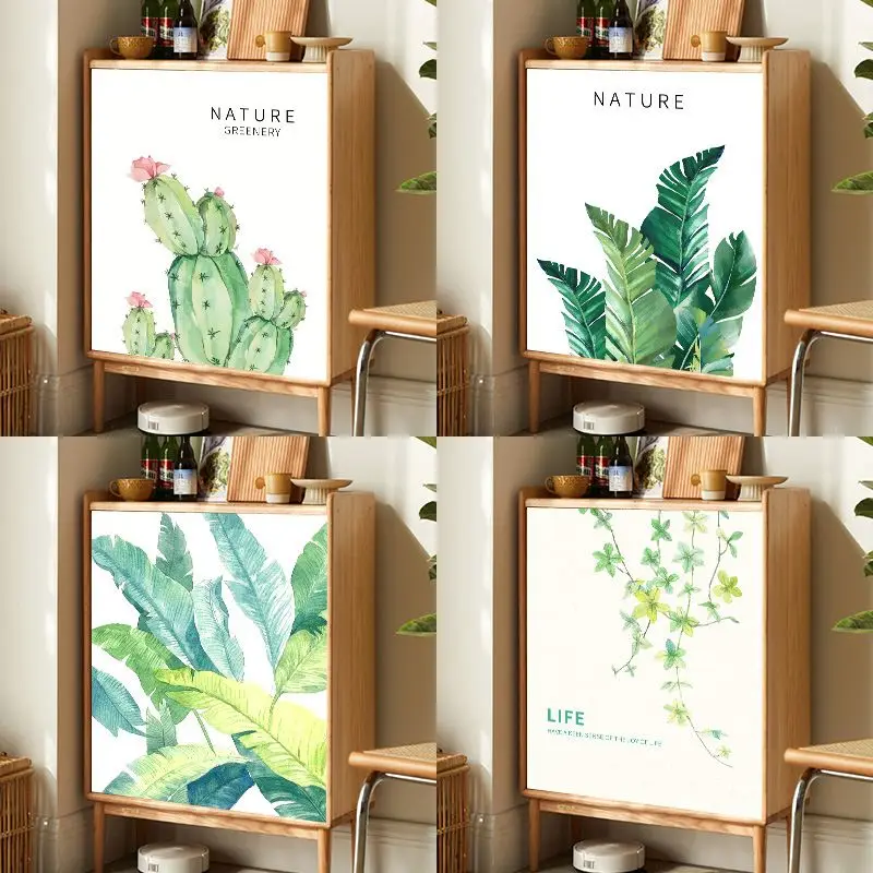 VIKAMA No Drill Self Adhesive Curtain Tropical Cactus Banana Ivy Print Dustproof Closet Cabinet Furniture Cover Decor