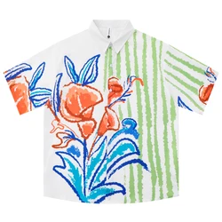 Line Graffiti Printed Vintage Short Sleeve Men' s Shirts Turn-down Collar Hawaiian Shirts Streetwear Clothing