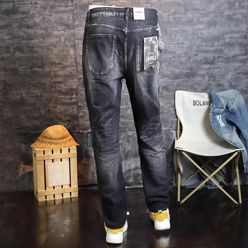 Fashion Designer Men Jeans High Quality Retro Black Gray Stretch Slim Fit Ripped Jeans Men Vintage Casual Denim Pants Hombre